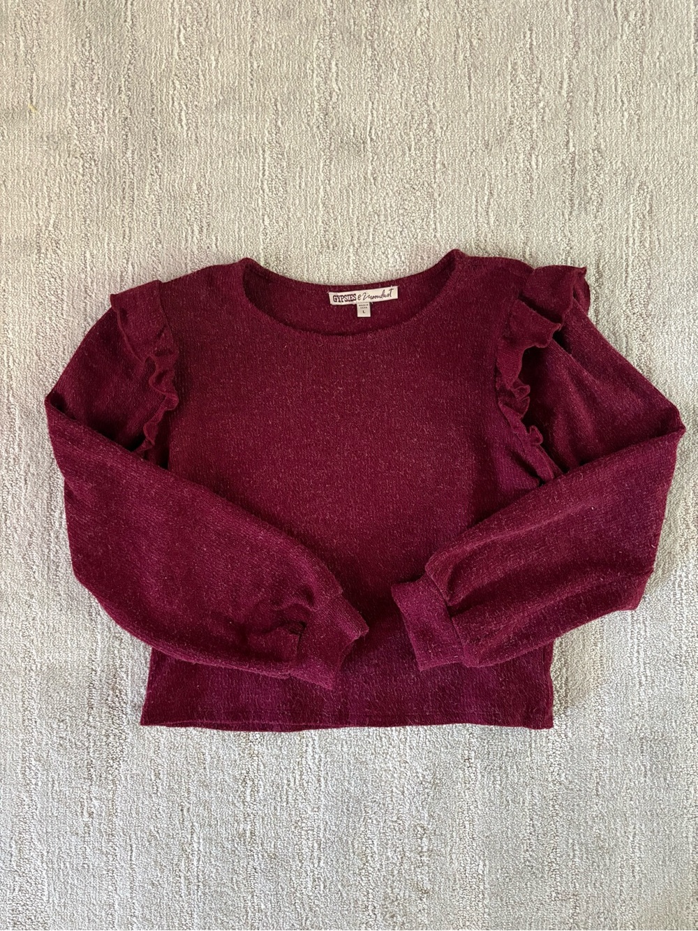 Maroon Ruffle Shoulder Knit Sweater Gypsies & Moondust Size L Burgundy Crop Top